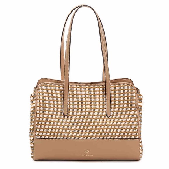 Nanette Lepore ‘Arabelle’ Tan & Cream Leather, Straw & Canvas Tassel Bow Purse - Picture 4 of 10